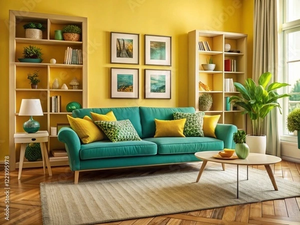 Fototapeta Vibrant Turquoise & Yellow Living Room Sofa, Cozy Book Shelf Decor, Home Interior Design