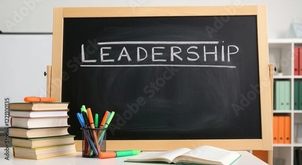 Fototapeta Chalkboard with "Leadership" written on it, books, and stationery