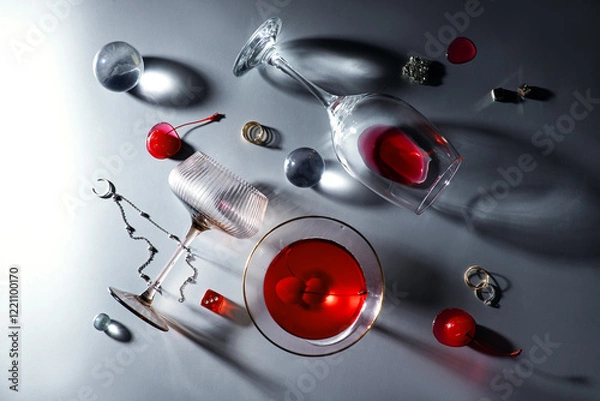 Obraz silver background with glasses and red accents