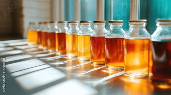 Fototapeta This tranquil image showcases a series of glass bottles, filled with amber-colored liquid, beautifully illuminated by natural light, emphasizing warmth and homeliness in a serene setting.