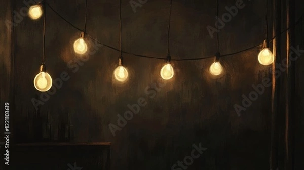 Fototapeta String of glowing light bulbs hanging in a darkened room, exuding a warm, inviting glow that adds to the atmosphere of the space.