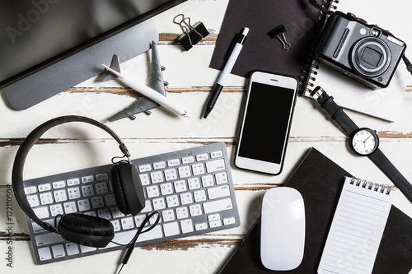 Obraz Workspace office desk with essentials working stuff