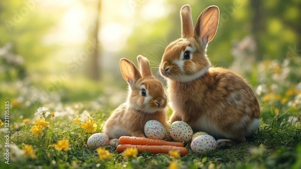 Fototapeta A family of bunnies enjoying a sunny picnic with pastel-colored carrots and Easter egg-shaped treats
