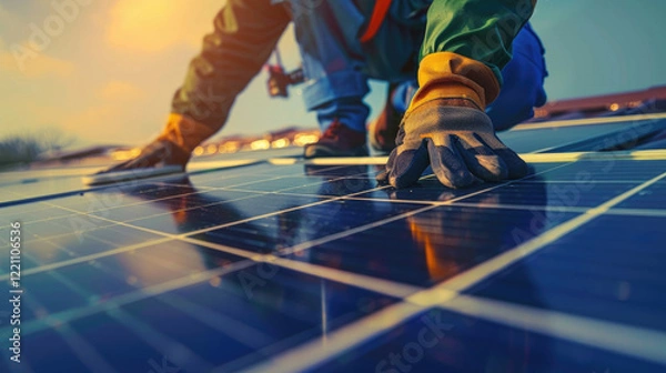 Fototapeta Technician Installing Solar Panels on Rooftop During Sunset for Sustainable Energy Solutions and Renewable Power Generation