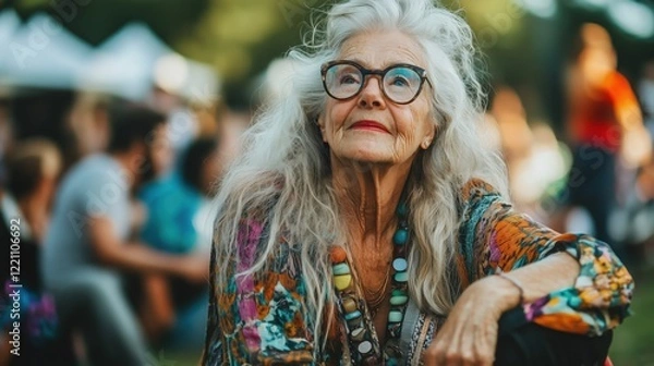 Fototapeta Stylish elderly woman in bohemian attire and sunglasses at an summer music festival