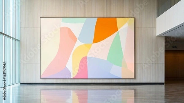 Fototapeta Modern Abstract Art Installation in Corporate Setting with Colorful Shapes and Soft Pastels