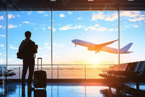 Fototapeta happy traveler waiting for the flight in airport, departure terminal, immigration concept