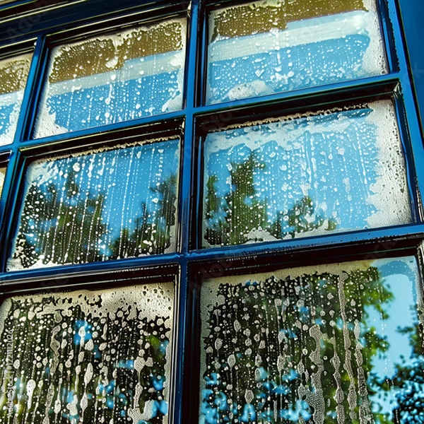 Fototapeta Close-up of soapy window panes reflecting greenery and blue sky during cleaning process