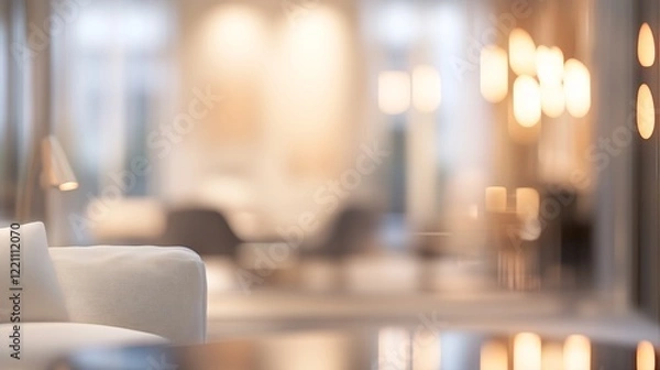 Fototapeta 美しいレイアウトのインテリアが置かれたモダンハウスのピンボケした部屋の画像	