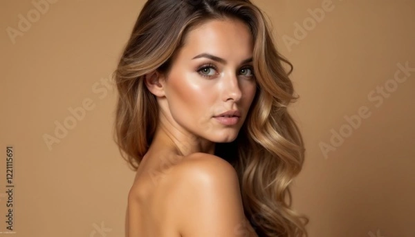 Obraz Close-up portrait of a young woman with long, soft blonde hair and calm expression, set against a warm brown background.	

