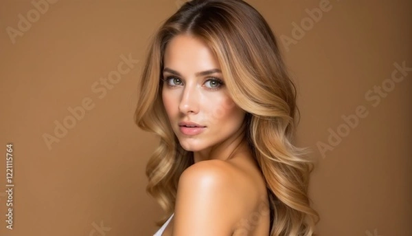 Obraz Close-up portrait of a young woman with long, soft blonde hair and calm expression, set against a warm brown background.	
