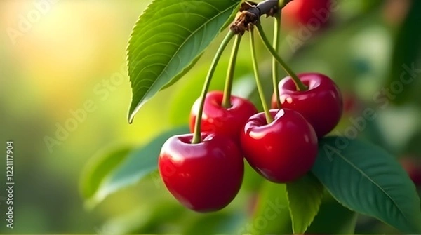 Fototapeta Ripe Red Cherries on Branch Fresh Fruit Summer Harvest