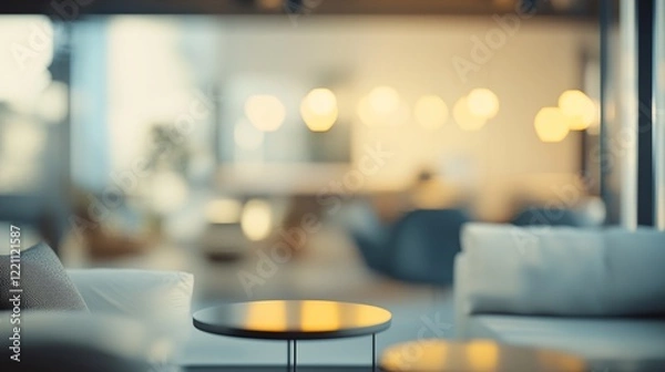 Fototapeta 美しいレイアウトのインテリアが置かれたモダンハウスのピンボケした部屋の画像	
