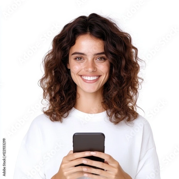 Fototapeta Woman holding cell phone in hands close-up portrait with focused expression technology and communication concept