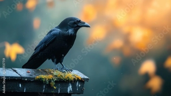Fototapeta A striking raven stands on a moss-covered ledge, catching the gentle glow of autumn colors, encapsulating the beauty and solitude of nature's transition.