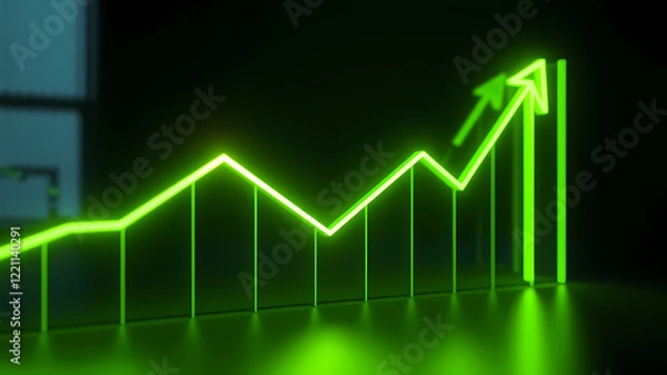 Fototapeta Glowing green line graph with upward arrow