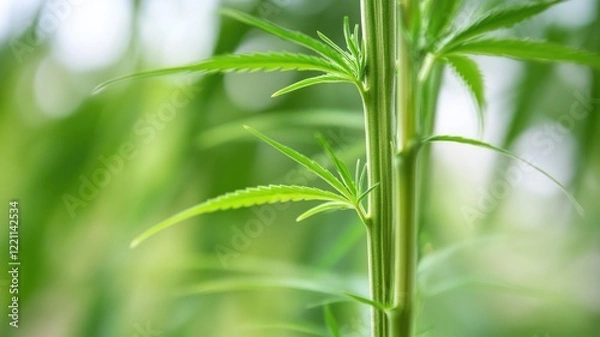 Fototapeta Close-up of green cannabis plant stem with leaves