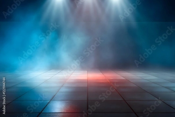 Fototapeta Futuristic empty stage with tiled floor, soft blue and red spotlights piercing a misty haze for a cinematic ambiance.