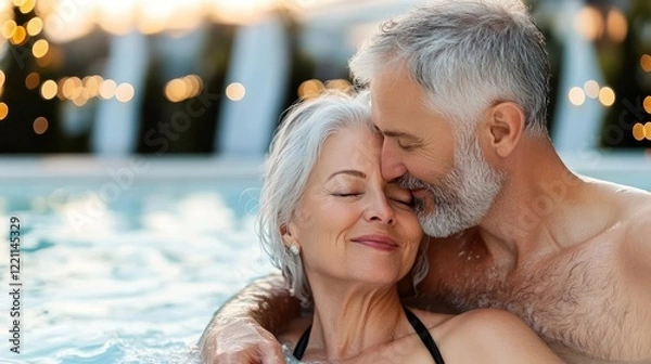 Obraz An older couple both in swimsuits lean forehead to forehead while relaxing in a hot tub. They share a joyful moment eyes closed smiling in warm bubbling water during a tranquil evening