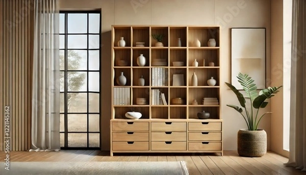 Fototapeta A beautifully designed modern interior featuring a wooden shelving unit, natural decor, and soft lighting, embodying simplicity, warmth, and contemporary home aesthetics.