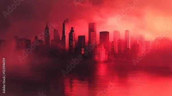 Fototapeta Skyline engulfed in reddish smog at twilight, surreal tones reflecting severe air pollution, [urban haze], [air quality challenges].
