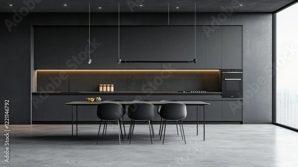 Obraz A grey home kitchen interior featuring a designated dining and cooking area, complemented by a mock-up wall, offering a sleek and functional design for both meal preparation and dining.