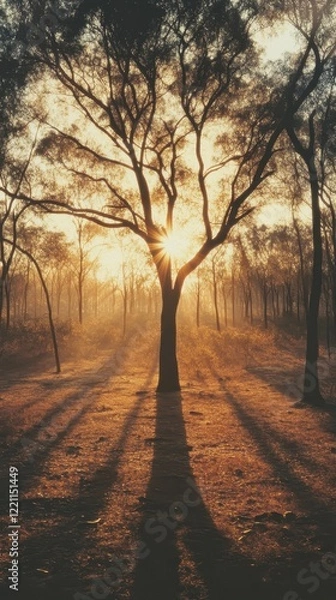 Fototapeta Minimalist Forest Scene with Lone Tree Under Warm Sunset Light
