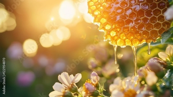 Fototapeta Golden Honeycomb with Dripping Honey in Sunlit Garden Setting