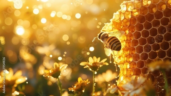 Fototapeta Golden Honeycomb Close-Up with Dripping Honey and Bee in Sunlight