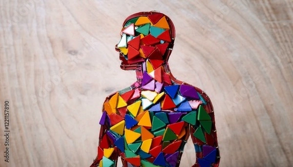 Obraz 다채로운 색상의 금속 조각들이 인간 형상처럼 배열된 작품, 하나로 모여 하나의 형상을 이루는 모습은 사회의 통합을 상징한다