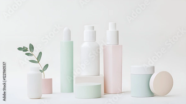 Fototapeta Elegant arrangement of cosmetic packaging on a light background with a green plant