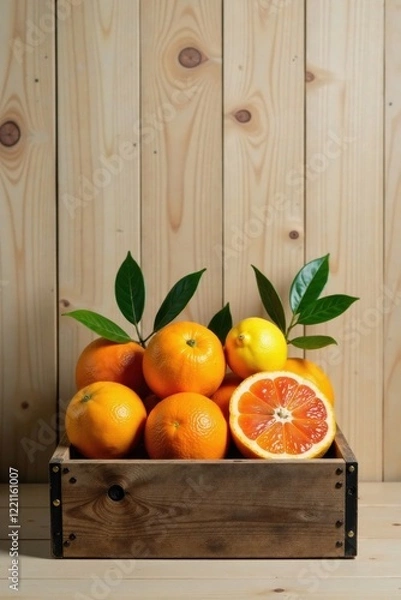 Fototapeta A rustic wooden crate overflowing with vibrant citrus fruits, including juicy oranges, a zesty lemon, and a halved blood orange, showcasing the freshness and natural beauty of the harvest.