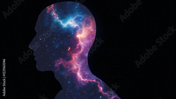 Fototapeta A silhouette profile of a man filled with galaxies.