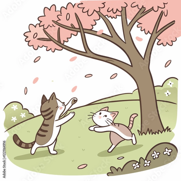 Obraz Cats playing under a cherry blossom tree vector illustration
