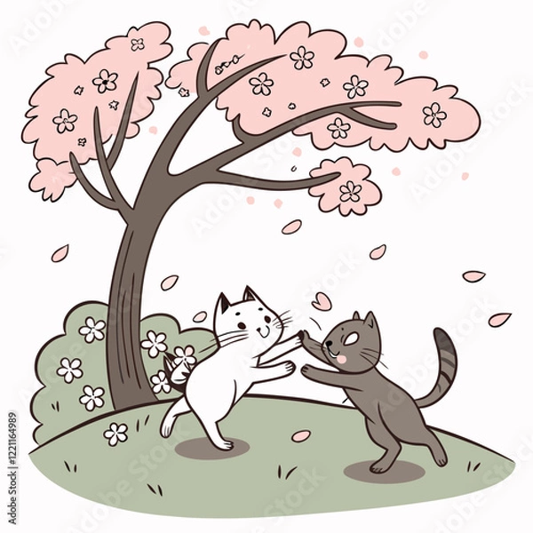 Obraz Cats playing under a cherry blossom tree vector illustration
