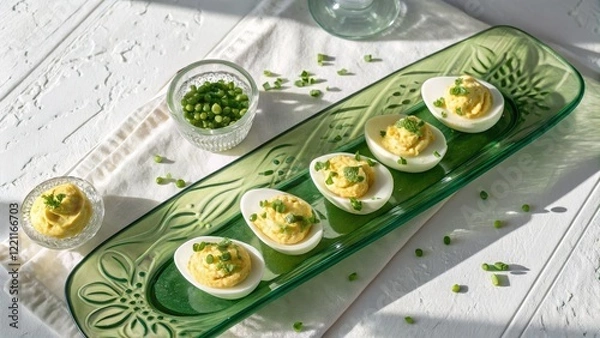 Fototapeta Green Glass Platter of Deviled Eggs with Chives, Sunny Food Photography, Overhead Shot, Spring Appetizer Recipe, Deviled Eggs Recipe. Deviled Eggs, Spring Food