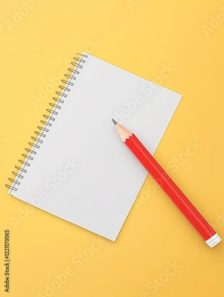 Fototapeta Blank Spiral Notebook and Red Pencil - A clean, white spiral notebook lies on a yellow background, accompanied by a red pencil.  Ready for notes or ideas.