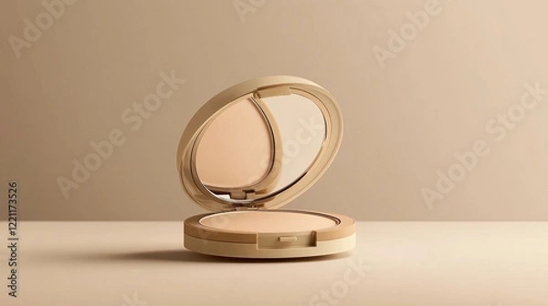 Fototapeta Elegant beige powder compact with mirror on a plain background, ideal for makeup promotions