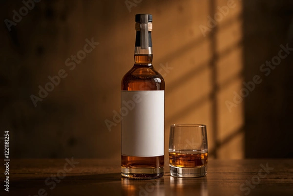 Fototapeta A mockup of a whiskey bottle displayed in an aesthetic setting, ideal for showcasing branding or label designs