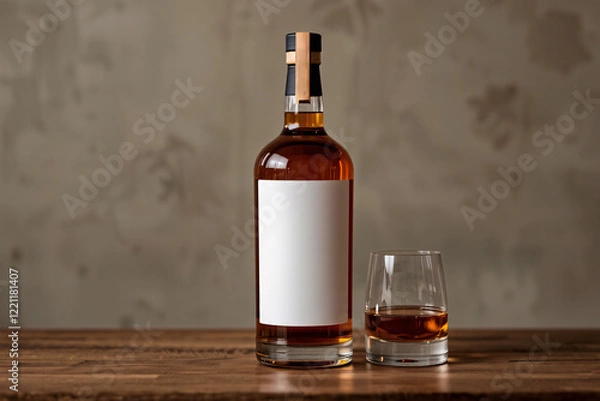 Fototapeta A mockup of a whiskey bottle displayed in an aesthetic setting, ideal for showcasing branding or label designs
