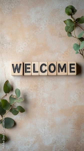 Fototapeta welcome word made of wooden blocks surrounded by vibrant green leaves, welcoming to new home or workplace