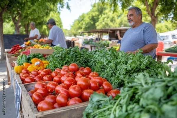 Fototapeta Farmers market with fresh vegetables and diverse vendors on a sunny day.