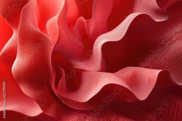 Fototapeta This close-up shot beautifully illustrates the gentle ruffled texture of red fabric, showcasing its softness and invoking feelings of warmth, comfort, and intimacy in design.