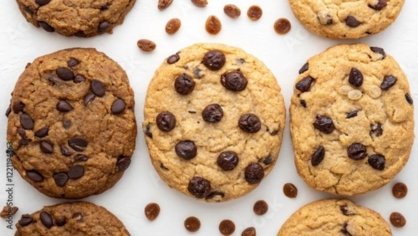 Fototapeta Overhead Flatlay of Chocolate Chip Cookies, White Background, Food Photography, Bakery,Dessert Cookies, Chocolate Chips