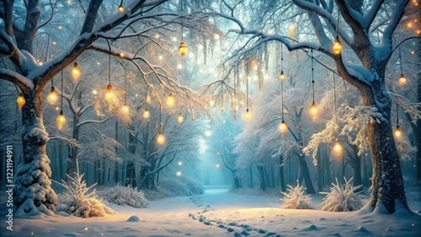 Fototapeta Frosty branches and snow-covered trees with twinkling fairy lights and sparkling icicles in a mystical forest surrounded by a thick layer of frost , enchanting scenery, mystic atmosphere