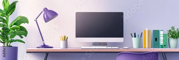 Fototapeta Modern Home Office Workspace Setup - Clean and organized home office workspace with computer, desk lamp, plant, and office supplies.  Perfect for productivity and remote work.