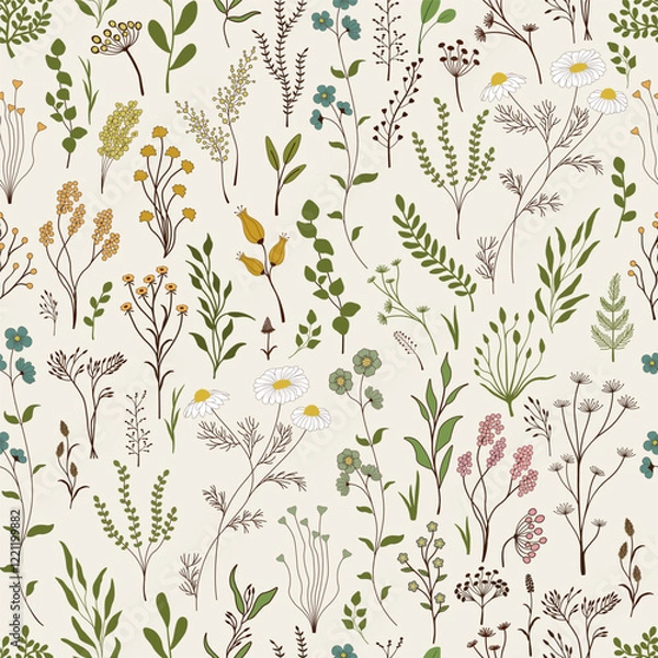 Fototapeta Seamless pattern. Set of colorful wild plants.