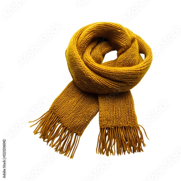 Fototapeta Thick Woolen Scarf with Fringe in Mustard Yellow Isolated on Transparent Background