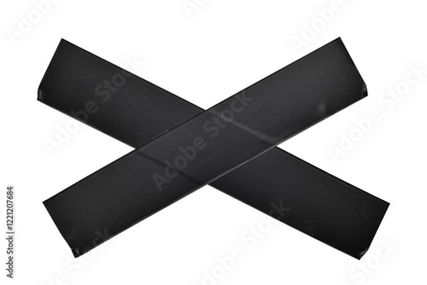 Obraz Close-up of two overlapping black adhesive tape strips forming an X or cross shape, isolated on a white background. Perfect for design, repair, or creative concepts