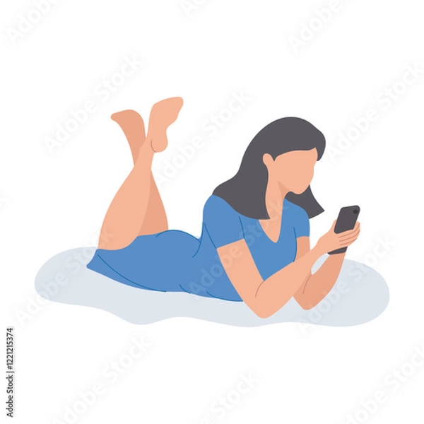 Fototapeta An ordinary young woman uses her smartphone while lying down. Online shopping, communication, studying. Vector illustration in flat style. 